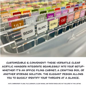 May include: A clear acrylic thread organiser with colourful numbered and labelled dividers. The dividers display numbers and words such as "BLANC" and "ECRU". The image also includes the text: "CUSTOMIZABLE & CONVENIENT: THESE VERSATILE CLEAR ACRYLIC HANGERS..."
