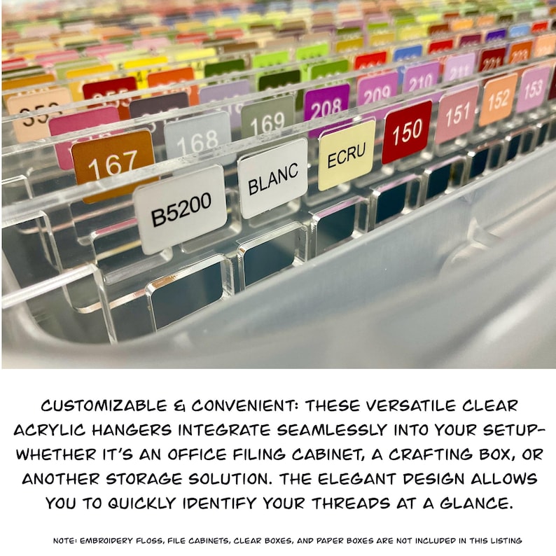 May include: A clear acrylic thread organiser with colourful numbered and labelled dividers. The dividers display numbers and words such as "BLANC" and "ECRU". The image also includes the text: "CUSTOMIZABLE & CONVENIENT: THESE VERSATILE CLEAR ACRYLIC HANGERS..."