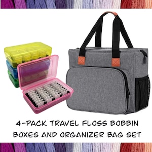 May include: A set of four clear plastic floss bobbin storage boxes and a gray canvas tote bag with brown leather handles. The boxes are stacked and the tote bag is open. The text "4-PACK TRAVEL FLOSS BOBBIN BOXES AND ORGANIZER BAG SET" is printed below the image.