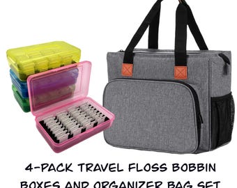 May include: A set of four clear plastic floss bobbin storage boxes and a gray canvas tote bag with brown leather handles. The boxes are stacked and the tote bag is open. The text "4-PACK TRAVEL FLOSS BOBBIN BOXES AND ORGANIZER BAG SET" is printed below the image.