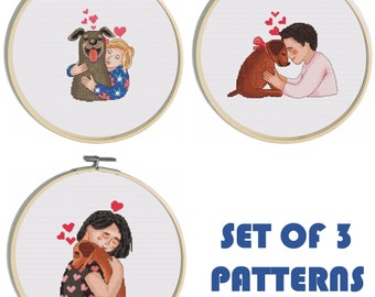 Cute Dogs Cross Stitch Pattern, Set 0f 3 xstitch, Funny Dog with Owners PDF Pattern, Best Gift for Dog Lovers modern xstitch - PDF download!