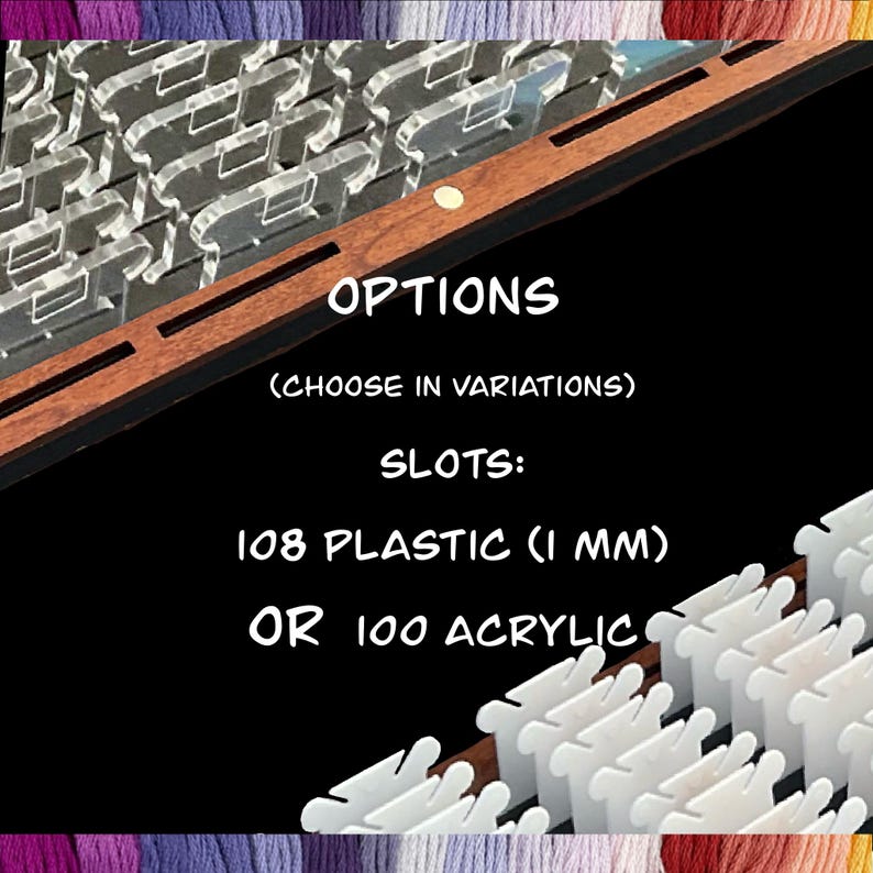 May include: A wooden and clear acrylic organizer with the text "OPTIONS" and "SLOTS: 108 PLASTIC (1 MM) OR 100 ACRYLIC". The organizer has multiple slots for storage.