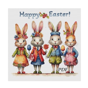 Könnte beinhalten: Vier Osterhasen in bunten Kleidern und mit Osterleckereien. Die Hasen stehen in einer Reihe und der Text "Frohe Ostern!" steht über ihnen.