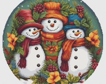 Colorful Winter Stitching:Botanical Snowmen Cross Stitch Pattern with Vibrant Details-Christmas Cross Stitch Design,Best present-PDF pattern