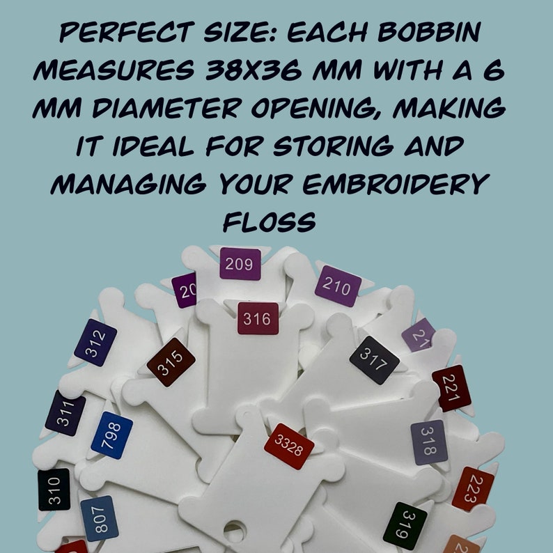 May include: A close-up of white plastic bobbins with colorful labels. The bobbins are 38 x 36 mm and have a 6 mm diameter opening. The labels have numbers on them, such as 209, 316, 210, 317, 3328, and 221.