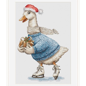 Goose With Christmas Present cross stitch pattern,Funny Skating Goose xstitch,Cute Animal xstitch,Winter Holiday xstitch Present-PDF pattern