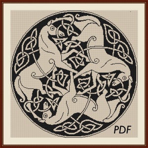 May include: Black and white Celtic knot design featuring three horses intertwined within the knotwork. The design is circular and has a black background with white horses and knotwork.