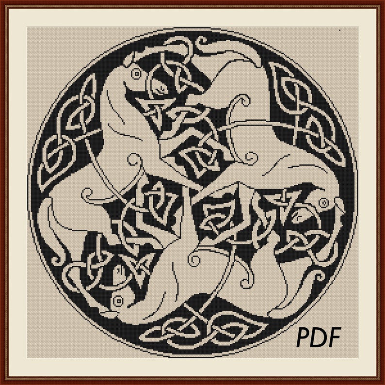 May include: Black and white Celtic knot design featuring three horses intertwined within the knotwork. The design is circular and has a black background with white horses and knotwork.