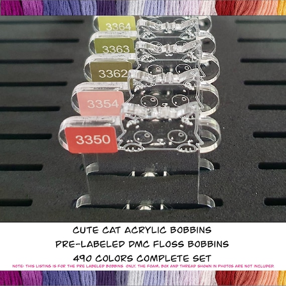 Cat Acrylic Bobbins 3mm Pre Labeled DMC Compatible Floss Organizers 490 Color Set