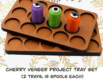 Cherry Veneer Project Tray Set (2 Trays, 15 Spools Each) – Fits IKEA Alex 5-Drawer (3 per Drawer) – Foam Insert Organizer