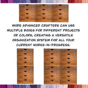 May include: A set of six wooden storage boxes with three drawers each. The boxes are stacked in two rows of three. Each drawer has a black label with the words "Mercerie" and "Bouton" printed on it.