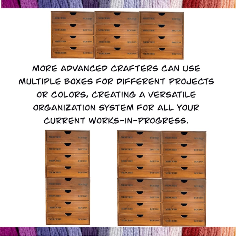 May include: A set of six wooden storage boxes with three drawers each. The boxes are stacked in two rows of three. Each drawer has a black label with the words "Mercerie" and "Bouton" printed on it.