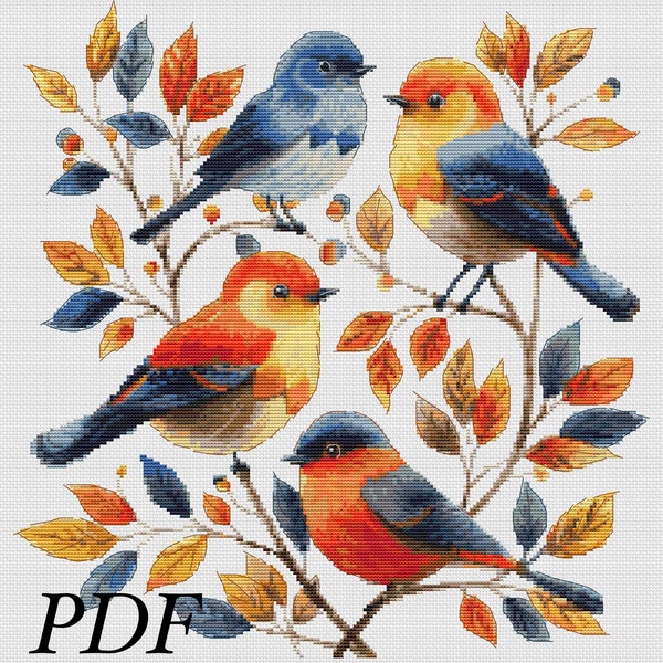 Vibrant Bird Quartet - Bright Leaves&Colorful Birds Cross Stitch Pattern. Cross Stitch Birds Among Vivid Foliage. Best Present-PDF pattern