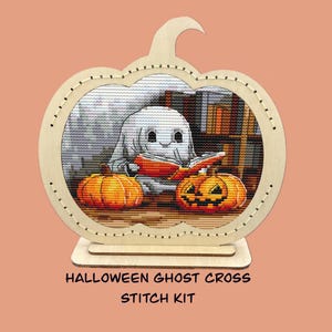 Adorable Halloween Ghost Cross Stitch KIT with Wooden Frame-Spooky Ghost and Pumpkins-Autumn Present for Crafters,Perfect Gift for Stitchers
