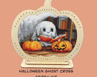 Adorable Halloween Ghost Cross Stitch KIT with Wooden Frame-Spooky Ghost and Pumpkins-Autumn Present for Crafters,Perfect Gift for Stitchers