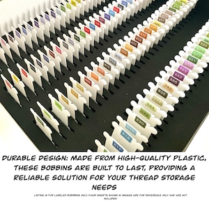 May include: A black plastic storage case with white bobbins labeled with numbers. The bobbins are for storing thread. The case is filled with bobbins, and the numbers on the bobbins range from 56 to 619.  Durable design: Made from high-quality plastic, these bobbins are built to last, providing a reliable solution for your thread storage needs. Listing is for labeled bobbins only. Foam inserts shown in images are for reference only and are not included.
