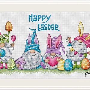 Schema punto croce Buona Pasqua,Gnomi divertenti xstitch,Gnomi carini con uova e fiori xstitch,Vacanze primaverili xstitch Presente-schema PDF