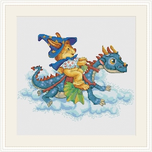 May include: A whimsical cross-stitch design featuring a brown bunny wearing a blue and gold star-patterned wizard hat riding a blue dragon with red horns. The bunny and dragon are flying through the clouds.