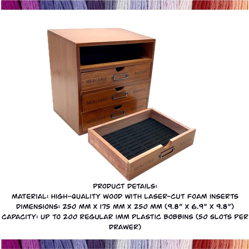 May include: Wooden storage box with five drawers for organizing small items. Each drawer has a label that says "Mercerie" and "Bouton". The bottom drawer is open and shows a black foam insert with slots for holding spools of thread.