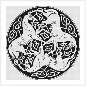 May include: Black and white Celtic knot design featuring three horses intertwined within a circular frame.