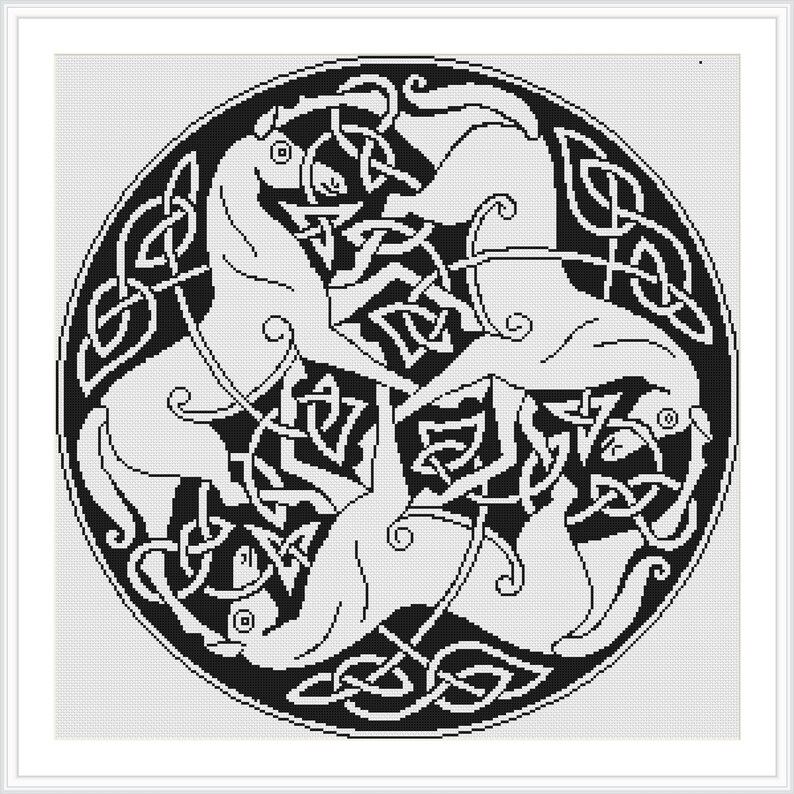 May include: Black and white Celtic knot design featuring three horses intertwined within a circular frame.