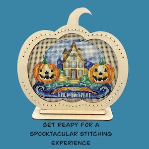 Halloween Pumpkin Cross Stitch KIT with Wooden Frame - Jack-o-Lantern Cross Stitch Kit-Autumn Present for Crafters,Spooky Gift for Stitchers