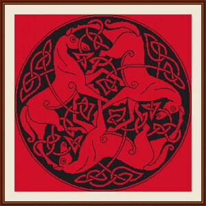 May include: A red and black Celtic knot design featuring four horses intertwined within the knot. The horses are facing outward from the center of the knot.