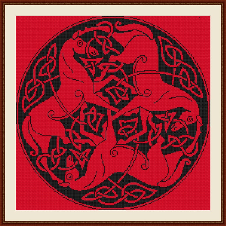 May include: A red and black Celtic knot design featuring four horses intertwined within the knot. The horses are facing outward from the center of the knot.