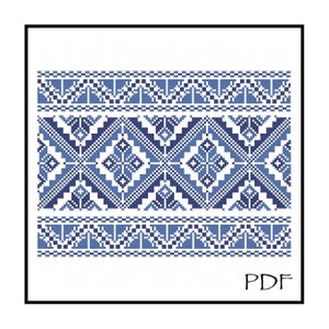 May include: A digital PDF cross-stitch pattern featuring a geometric design in shades of blue and white. The pattern includes diamond and floral motifs, with the text "PDF" in the lower right corner.