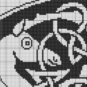 May include: Black and white pixel art design of a dog's face. The dog has a black nose and black eyes.