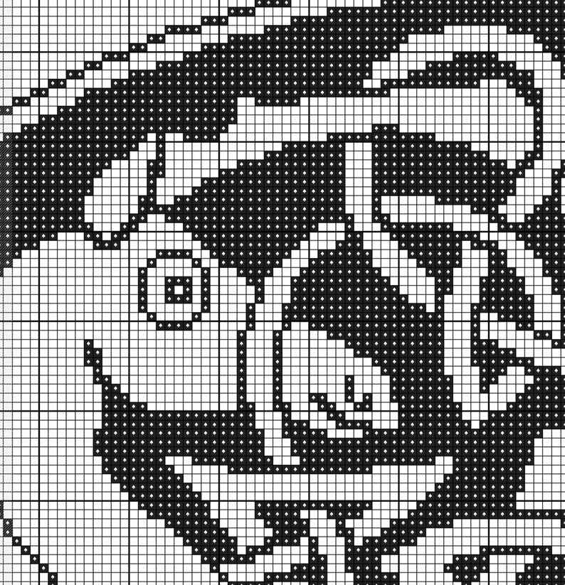 May include: Black and white pixel art design of a dog's face. The dog has a black nose and black eyes.