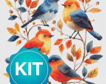 Vibrant Bird Quartet -Bright Leaves & Colorful Birds Cross Stitch KIT.Cross Stitch Birds Among Vivid Foliage.Best Present for Bird Lover-KIT