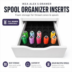 May include: White IKEA Alex 5-drawer spool organizer insert with black foam cutouts. The drawer contains colorful thread spools in green, blue, pink, purple, orange, and yellow. Text on the image reads "SPOOL ORGANIZER INSERTS" and "Foam storage for thread cones & spools."