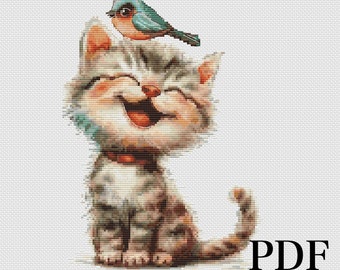 Joyful Kitten and Bluebird Cross Stitch:Pattern of Friendship & Frolic.Feline Bliss and Bird Companion xstitch-Scene of Serenity-PDF pattern