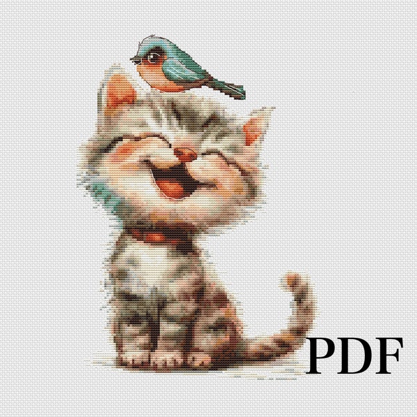 Joyful Kitten and Bluebird Cross Stitch:Pattern of Friendship & Frolic.Feline Bliss and Bird Companion xstitch-Scene of Serenity-PDF pattern
