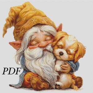 May include: A cross-stitch pattern featuring a gnome with a long white beard and a yellow hat, holding a small white and brown puppy. The gnome and puppy are both sleeping with their eyes closed.