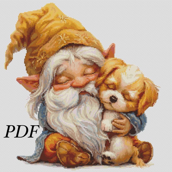 Adorable Gnome & Puppy Cross Stitch: Heartwarming Friendship  - PDF cross stitch pattern DMC Key 55 colors - Pattern Keeper or print at home