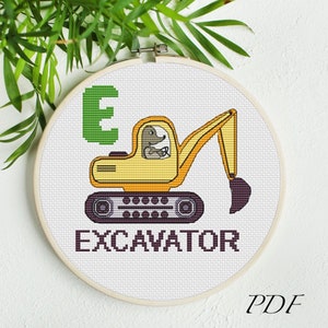 Patrón de punto de cruz Letra E-Excavadora, Alfabeto de transporte Xstitch, Animal divertido, Gran regalo para niños xstitch moderno - ¡descarga en PDF!