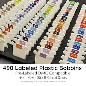 Pre Labeled Plastic Bobbins 490 Colors DMC Numbered 1mm White 38x36mm Set Thread Organizer for Cross Stitch