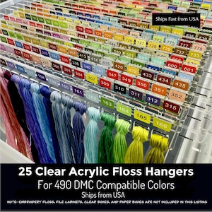 25 Clear Acrylic Pre-Labeled Floss Hangers for 490 DMC-Colors • Cross Stitch Thread Organizer • Acrylic Thread Hangers• Gift for Stitchers