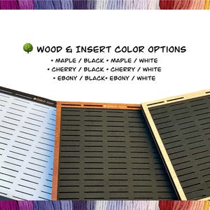 May include: Image of three wooden craft organizers with black inserts, showcasing color options: Maple/Black, Cherry/Black, and Ebony/Black. The text "WOOD & INSERT COLOR OPTIONS" is displayed above. The organizers have a slotted design.