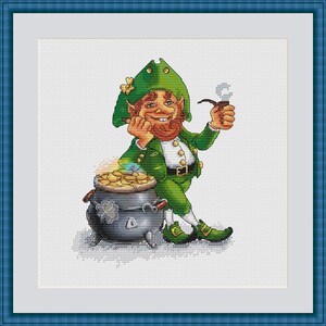 Leprechaun Gnome with Pot of Gold cross stitch pattern, Saint Patricks Day Leprechaun xstitch, Great Gift modern xstitch PDF download image 6