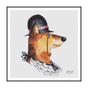 May include: A cross-stitch pattern featuring a dog wearing a black hat with a pink ribbon and a monocle. The dog is brown and white and has a white collar with black trim. The pattern is on a white background with the word "PDF" in the bottom right corner.