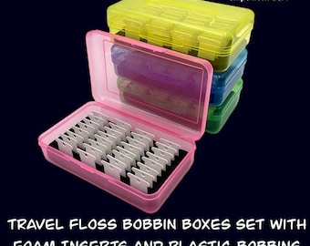Travel Floss Bobbin Box Set with Foam Inserts–Colorful Cross Stitch Storage Organizer for On-the-Go Projects 96-128 Plastic Bobbins Included