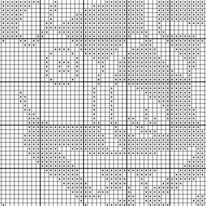 May include: Black and white cross stitch pattern with a floral design. The pattern is on a white grid with black dots.