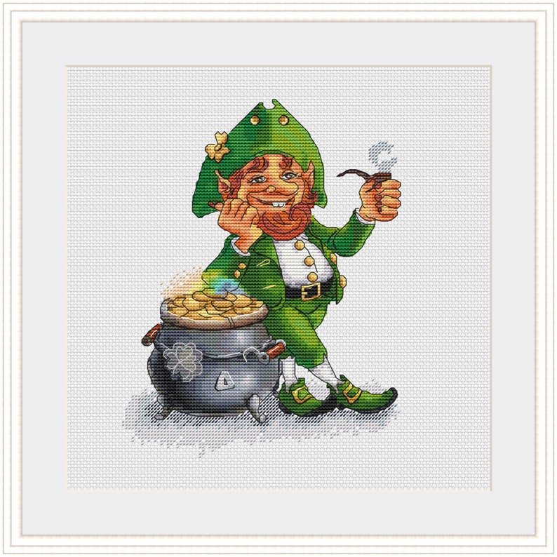 Leprechaun Gnome with Pot of Gold cross stitch pattern, Saint Patricks Day Leprechaun xstitch, Great Gift modern xstitch PDF download image 8