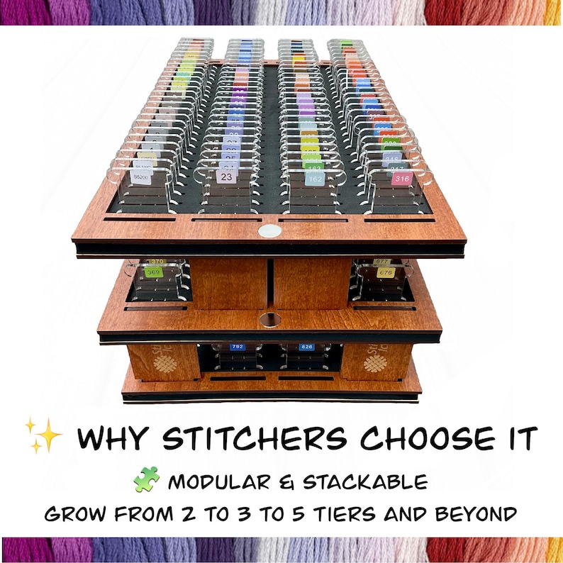 May include: A three-tiered wooden organizer with clear plastic compartments, ideal for storing craft supplies. The organizer has a dark wood finish with black accents. Text on the image reads "WHY STITCHERS CHOOSE IT" and "MODULAR & STACKABLE".