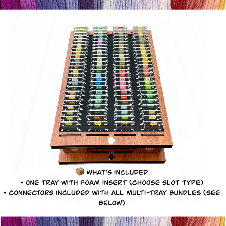 May include: A wooden craft organizer with multiple slots, each labeled with numbers. The organizer has a foam insert and includes connectors for multi-tray bundles. The text "WHAT'S INCLUDED" is visible, along with details about the tray and connectors.