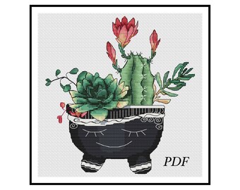 Bring Some Fun to Your Stitching: Adorable Cacti in Hilarious Pot xstitch pattern. Cactus Blossom cross stitch pattern-instant PDF download!