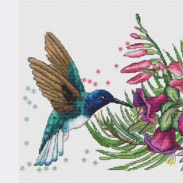 Best Spring Flowers for Hummingbird Colibri cross stitch pattern, Nice Red Flowers xstitch, Gift for Everyone modern xstitch - PDF download